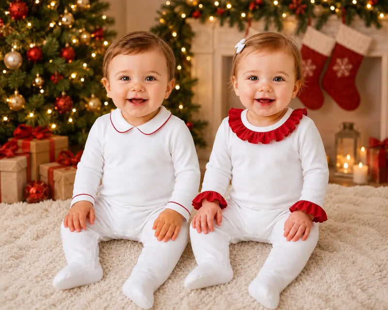 Baby Romper, Red Trim - PRE ORDER